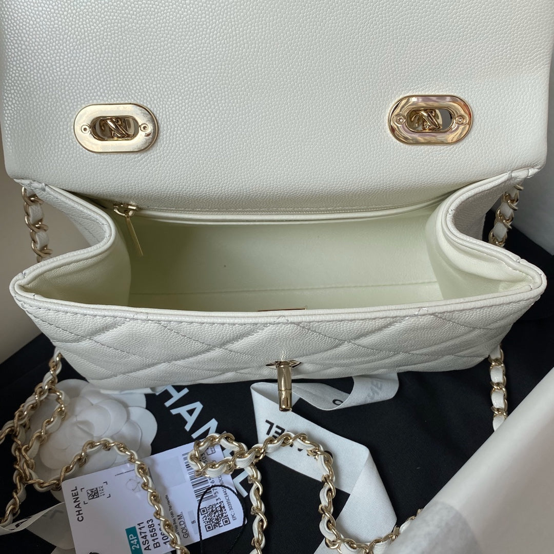 Chanel Small Flap Kelly Bag With Top Handle in Grained Calfskin white AS4711